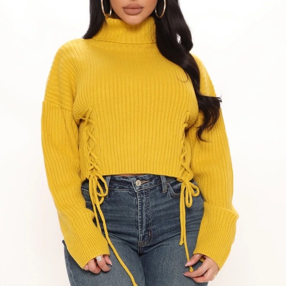 NWT Chunky Oversized Ribbed Cable Knit Turtle Neck Drop Shoulder Sweater-Mustard - Picture 2 of 4